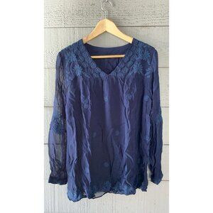 Splash Floral Embroidered Tunic Shirt Top Sheer XS